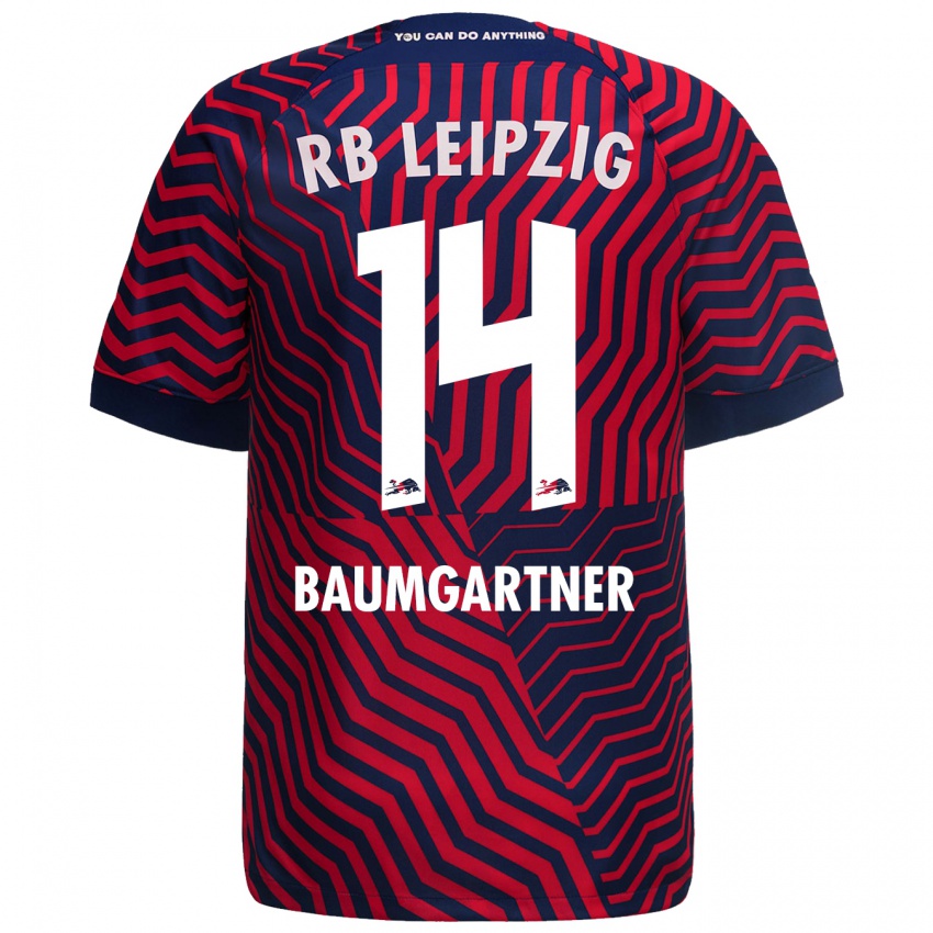 Kobiety Christoph Baumgartner #14 Niebieski Czerwony Wyjazdowa Koszulka 2023/24 Koszulki Klubowe