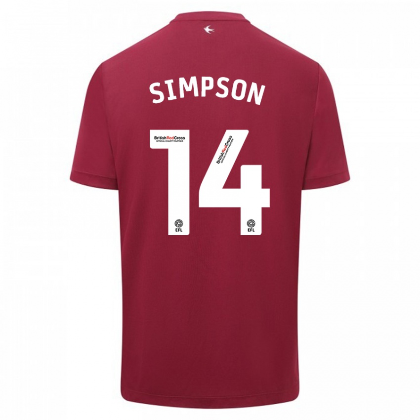 Dzieci Jasmine Simpson #14 Czerwony Wyjazdowa Koszulka 2023/24 Koszulki Klubowe
