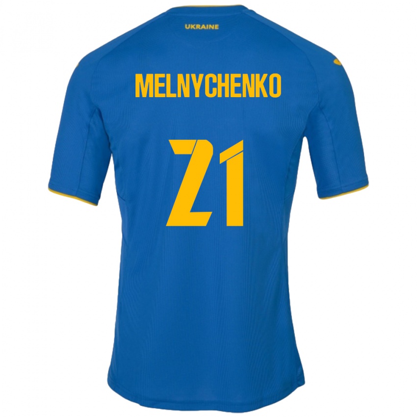 Męski Ukraina Maksym Melnychenko #21 Niebieski Wyjazdowa Koszulka 24-26 Koszulki Klubowe