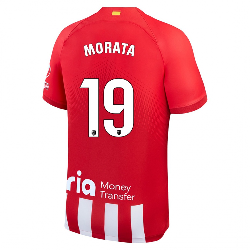 Męski Alvaro Morata #19 Czerwony Biały Domowa Koszulka 2023/24 Koszulki Klubowe