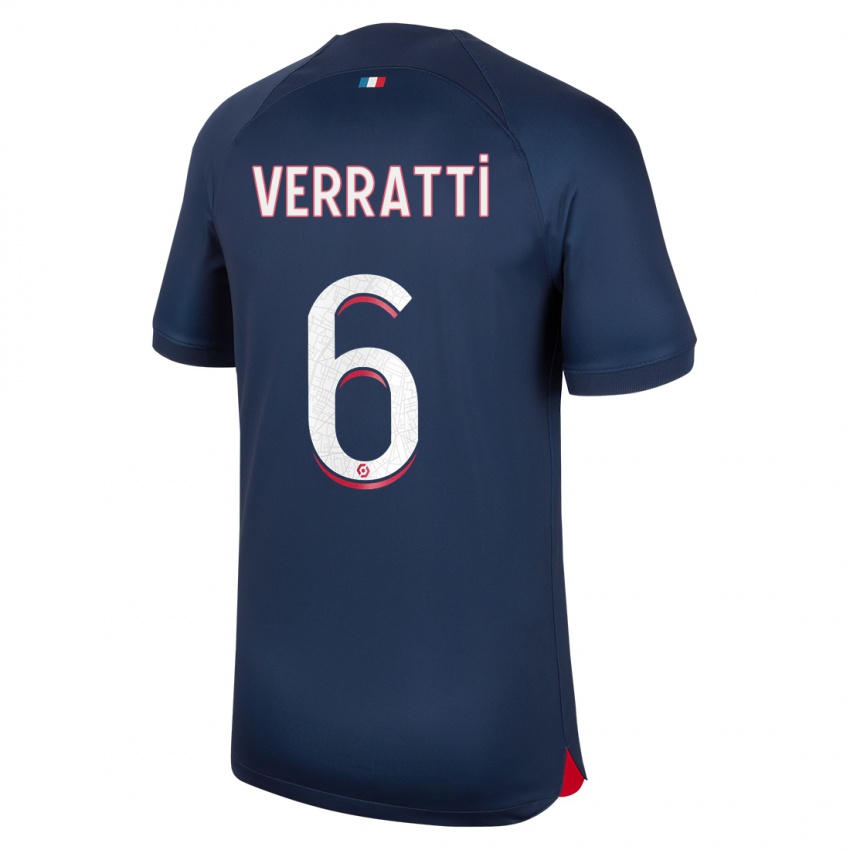 Męski Marco Verratti #6 Niebieski Czerwony Domowa Koszulka 2023/24 Koszulki Klubowe