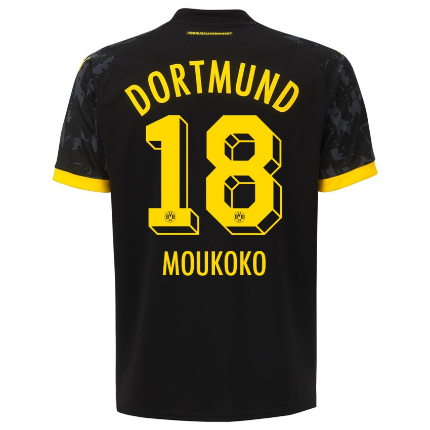 Męski Youssoufa Moukoko #18 Czarny Wyjazdowa Koszulka 2023/24 Koszulki Klubowe