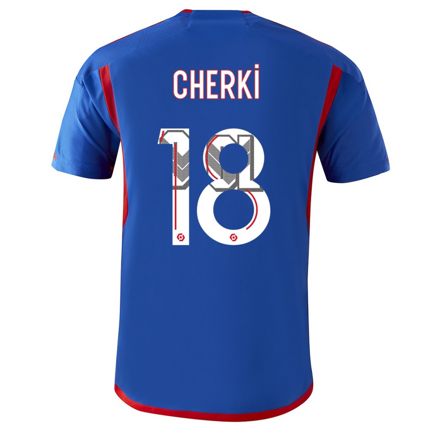 Męski Rayan Cherki #18 Niebieski Czerwony Wyjazdowa Koszulka 2023/24 Koszulki Klubowe