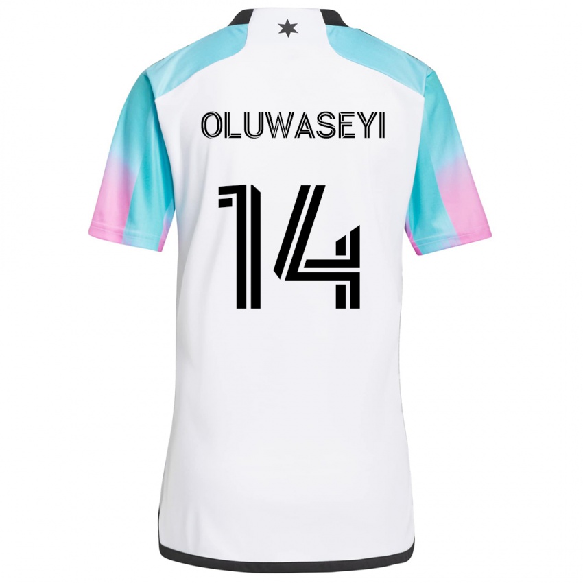 Męski Tani Oluwaseyi #14 Biały Niebieski Czarny Wyjazdowa Koszulka 2024/25 Koszulki Klubowe